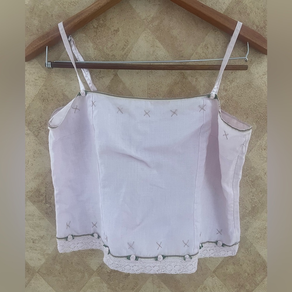 Whistles Linen Embroidered Baby Pink Cami Top with Lace Trim Size US 10 - Picture 2 of 15